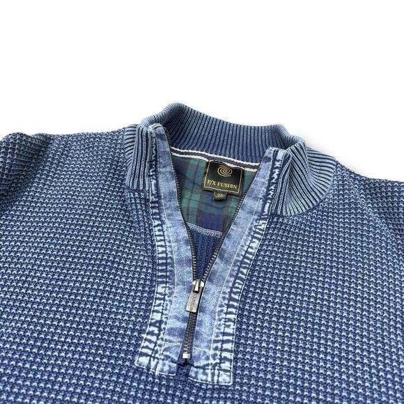 F/X Fusion Blue Half Zip Cotton Sweater Denim Patchwork Sz 2XL Chunky Knit Blue - Picture 7 of 10